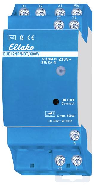 Dispositivo Eltako EUD12NPN-BT/600W con più morsetti. Viene utilizzato per controlli elettrici in impianti edilizi.