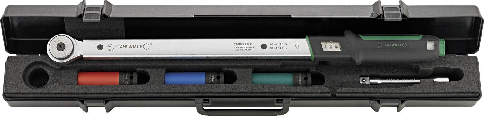 Un chiave dinamometrica in una scatola di plastica trasparente con adattatori colorati (rosso, blu, verde).