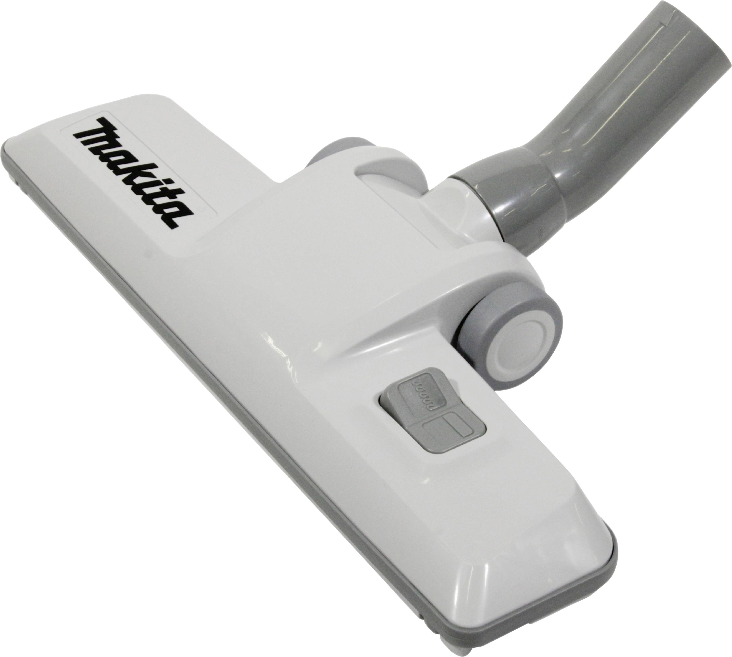 Accessorio aspirapolvere bianco di Makita con attacco tubo grigio e due piccole ruote.