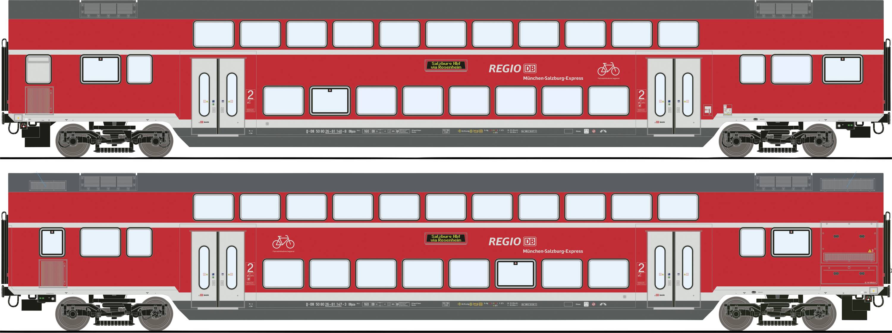 Un treno a due piani rosso della Deutsche Bahn, vista laterale. In alto è riconoscibile il simbolo della bicicletta. Il treno appartiene alla Regionalbahn.