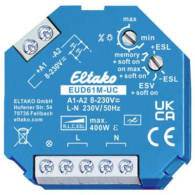 Dimmer Blauer Eltako EUD61N-UC per A1-A2, applicazioni 8-230V, max. 400W, 230V/50Hz. Include possibilità di impostazione simbolizzate.