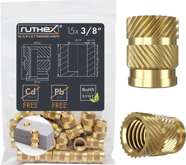 ruthex Inserto filettato Adatto per: bq Prusa i3 Hephestos, Creality CR-10 RX-3/8“-16-x12.7 GE-3/8x127-001
