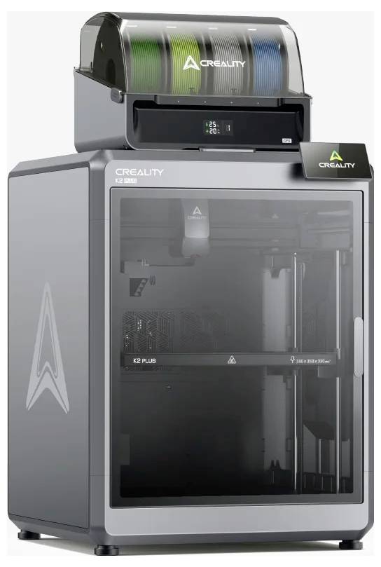 Stampante 3D del marchio Creality con supporto per filamento posizionato in alto, adatta a esigenze di stampa precise.