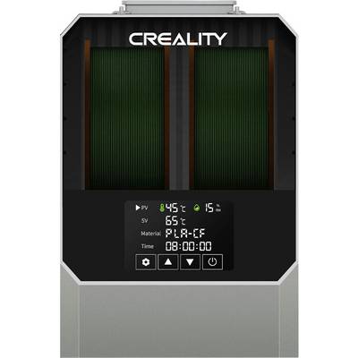 Stampante 3D 'Creality' con display: temperatura, materiale 'PLA-CF' e tempo di stampa rimanente 8 ore.