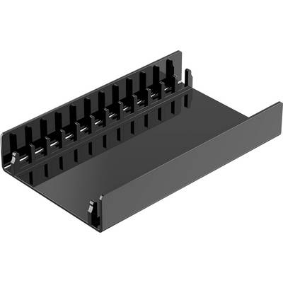 Un supporto nero per la gestione dei cavi con più slot per organizzare e fissare ordinatamente i cavi, raffigurato in una vista prospettica 3D.