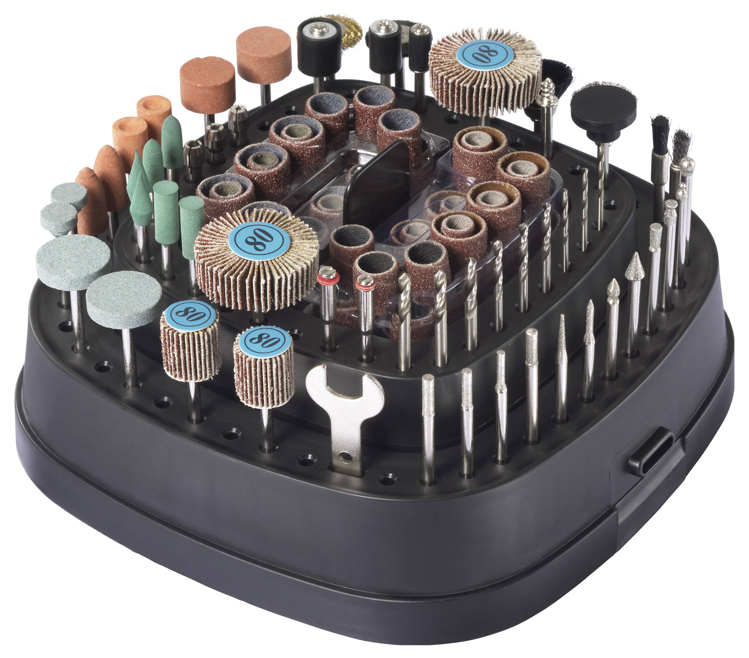 Un set di utensili con vari accessori per levigare e lucidare di forme e dimensioni diverse, organizzati su una base circolare nera.
