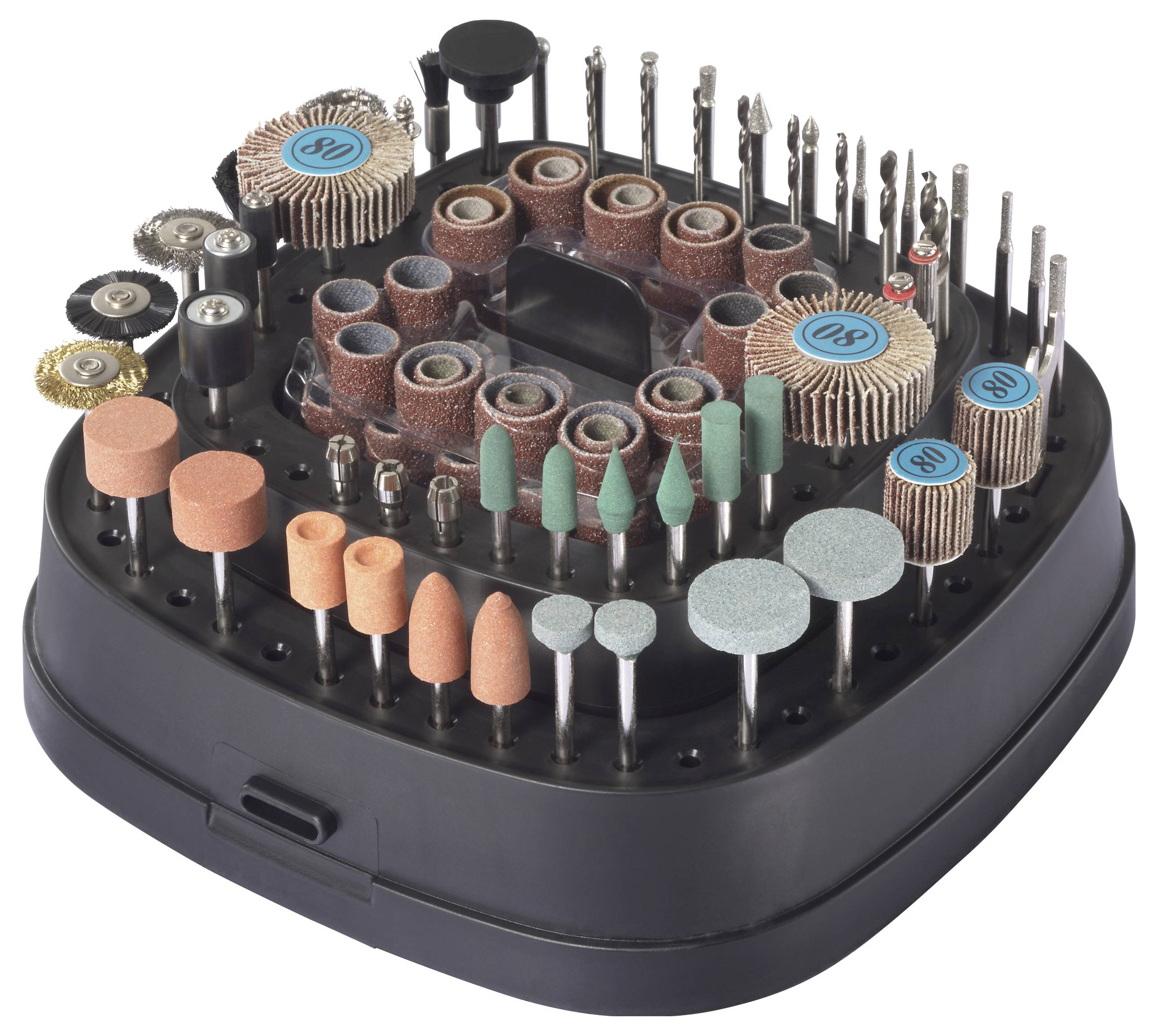 Accessori assortiti per utensile rotativo disposti su un supporto nero, tra cui fasce abrasive, ruote per lucidatura e punte da trapano di varie dimensioni.