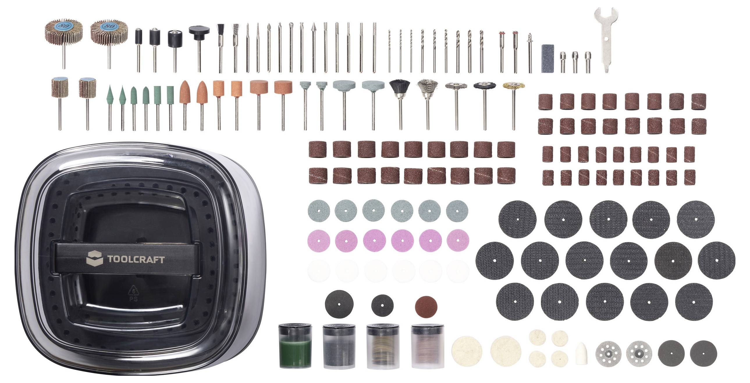 Un set di utensili con un custodia nera sulla sinistra, contenente vari punte per trapano, dischi abrasivi, pad per lucidatura e altri piccoli accessori per utensili.