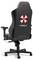 Sedia da gaming con schienale alto, design in pelle nera e logo rosso della 'Umbrella Corporation' sul retro.