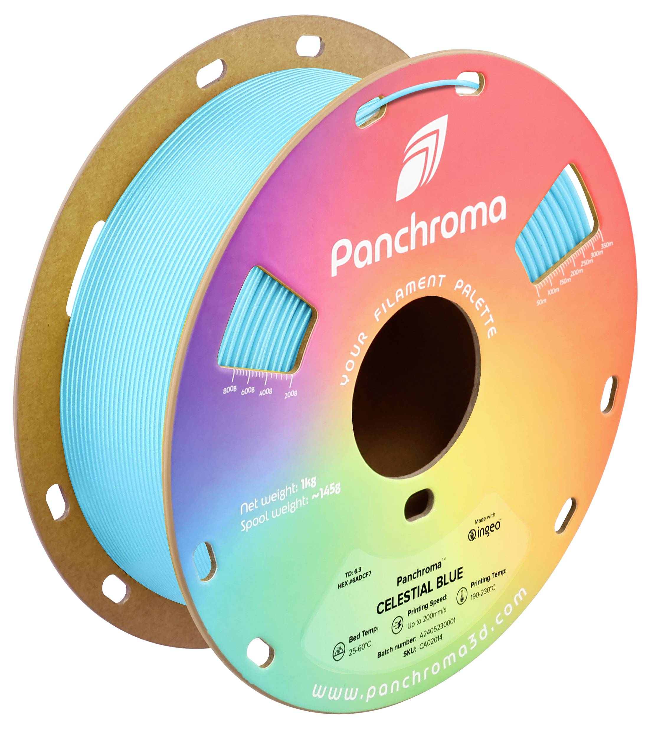 Bobina di filamento per stampante 3D di Panchroma in Celestial Blue. La confezione mostra colori arcobaleno e il peso di 1 kg.