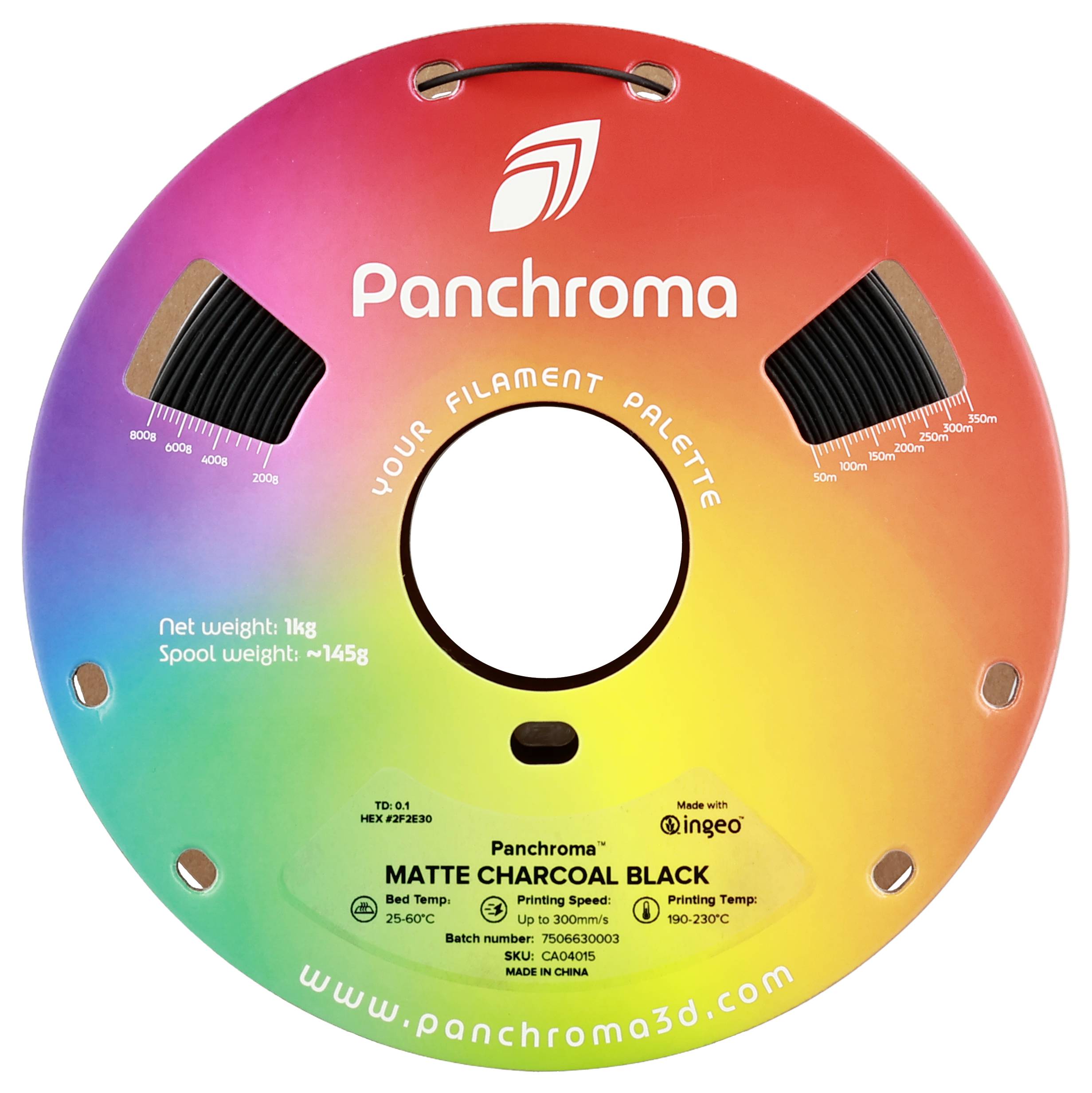 Bobina di filamento, marca 'Panchroma', con sfumatura di colori e specifiche: 1 kg di peso netto, 145 g di peso della bobina.