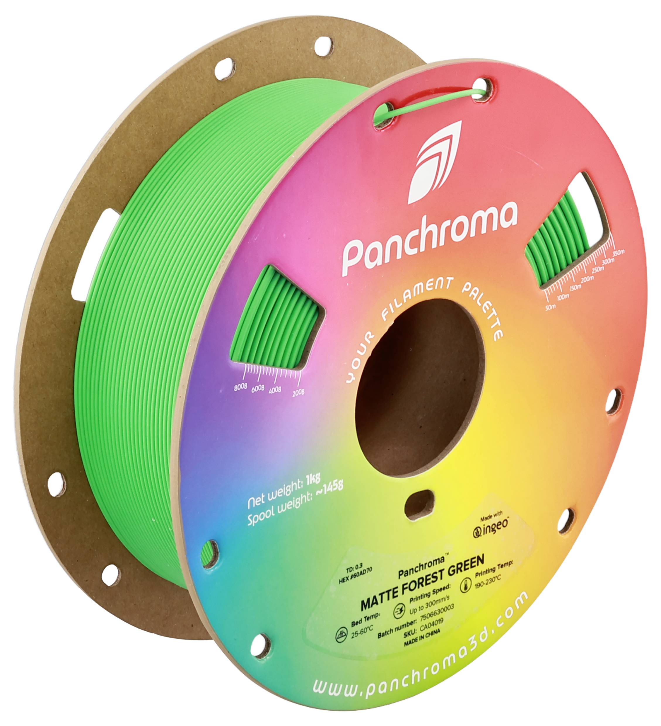 Una bobina di filamento verde per stampa 3D con il marchio 'Panchroma' su etichetta colorata, peso 1 kg, tipo Verde Foresta Opaco.