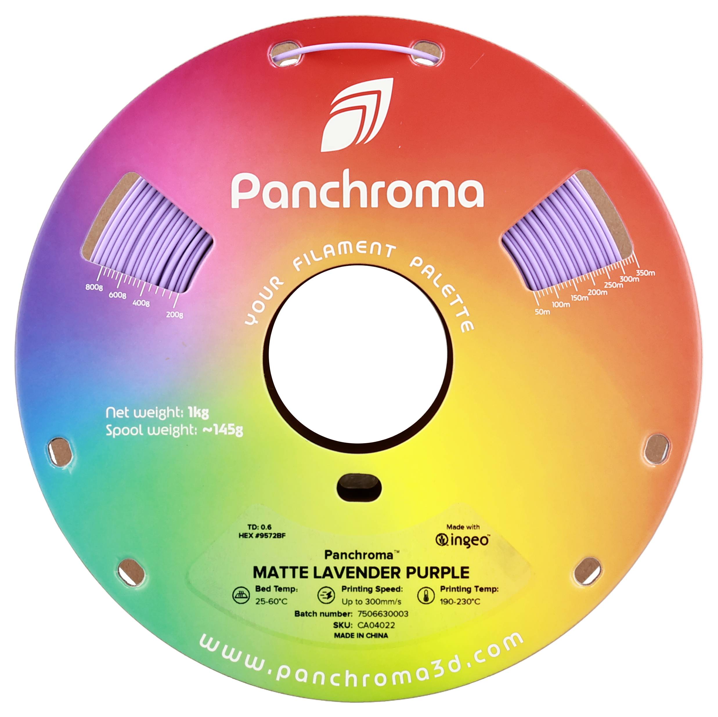 Immagine di una bobina con filamento per stampante 3D, 'Panchroma Matte Lavender Purple'. Confezione colorata con indicazioni su peso, temperatura e materiale.