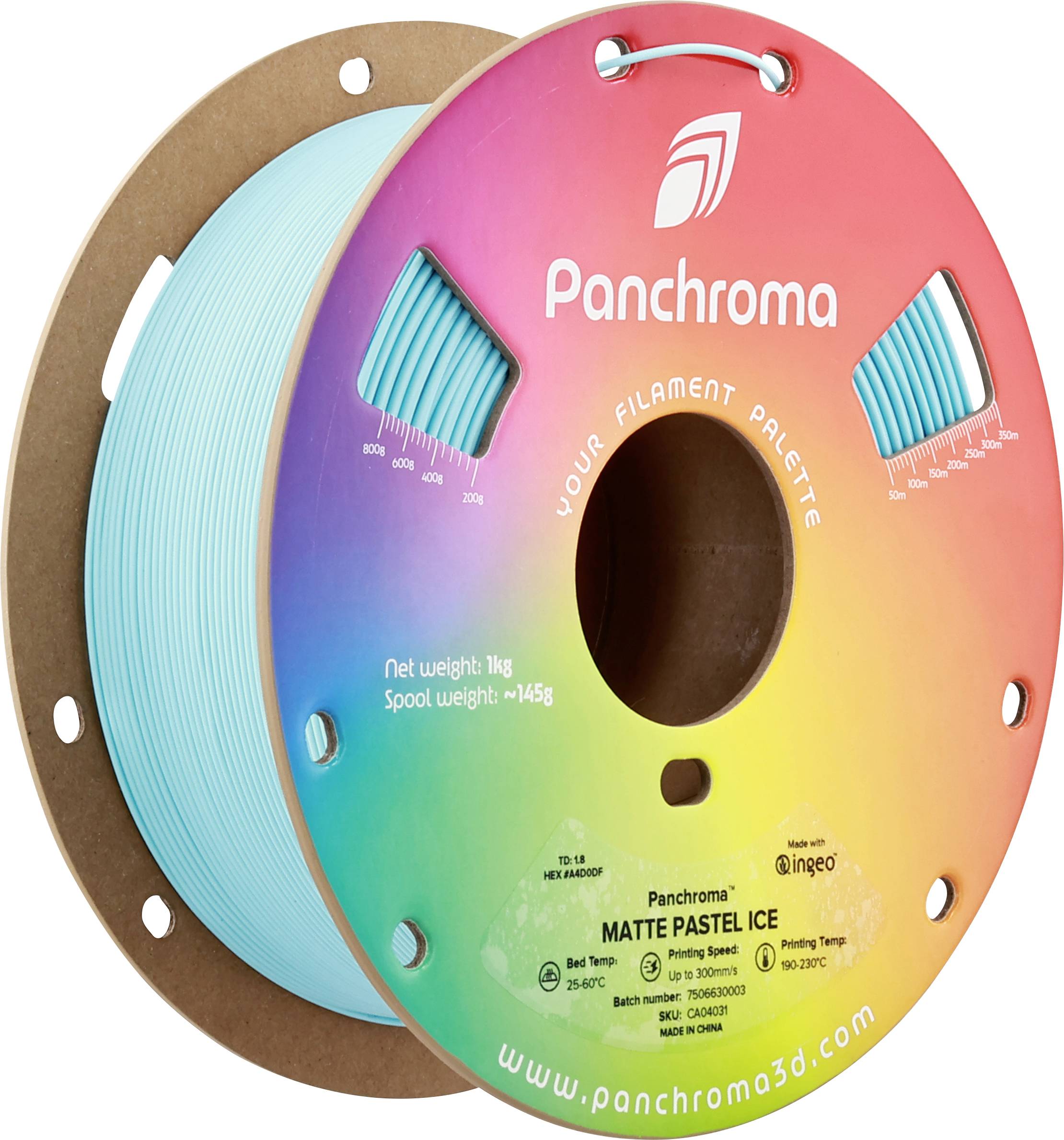 Bobina di filamento per stampante 3D, filamento blu-verde su rocchetto colorato, marca 'Panchroma', peso 1 kg, tipo 'Matte Pastel Ice'.