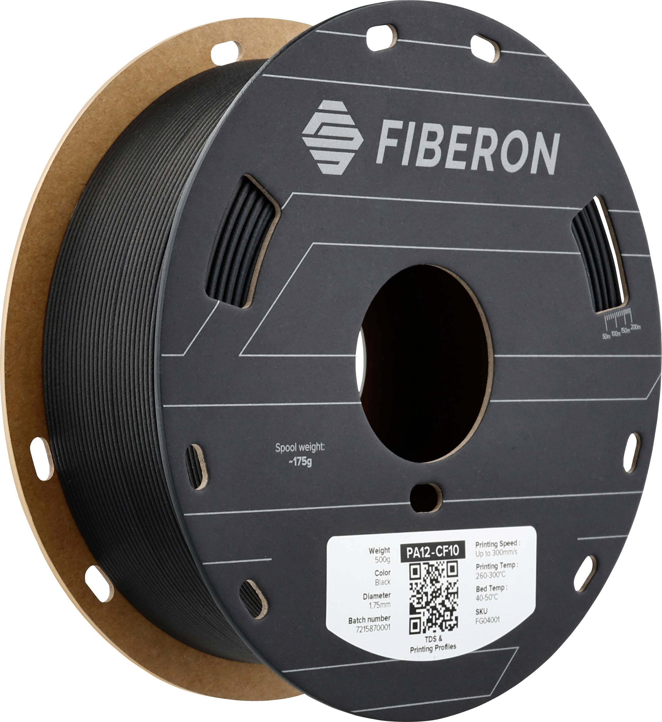 Bobina di filamento nero per stampante 3D con il logo 'FIBERON' e specifiche tecniche sull'etichetta, inclusi peso e temperatura di stampa.