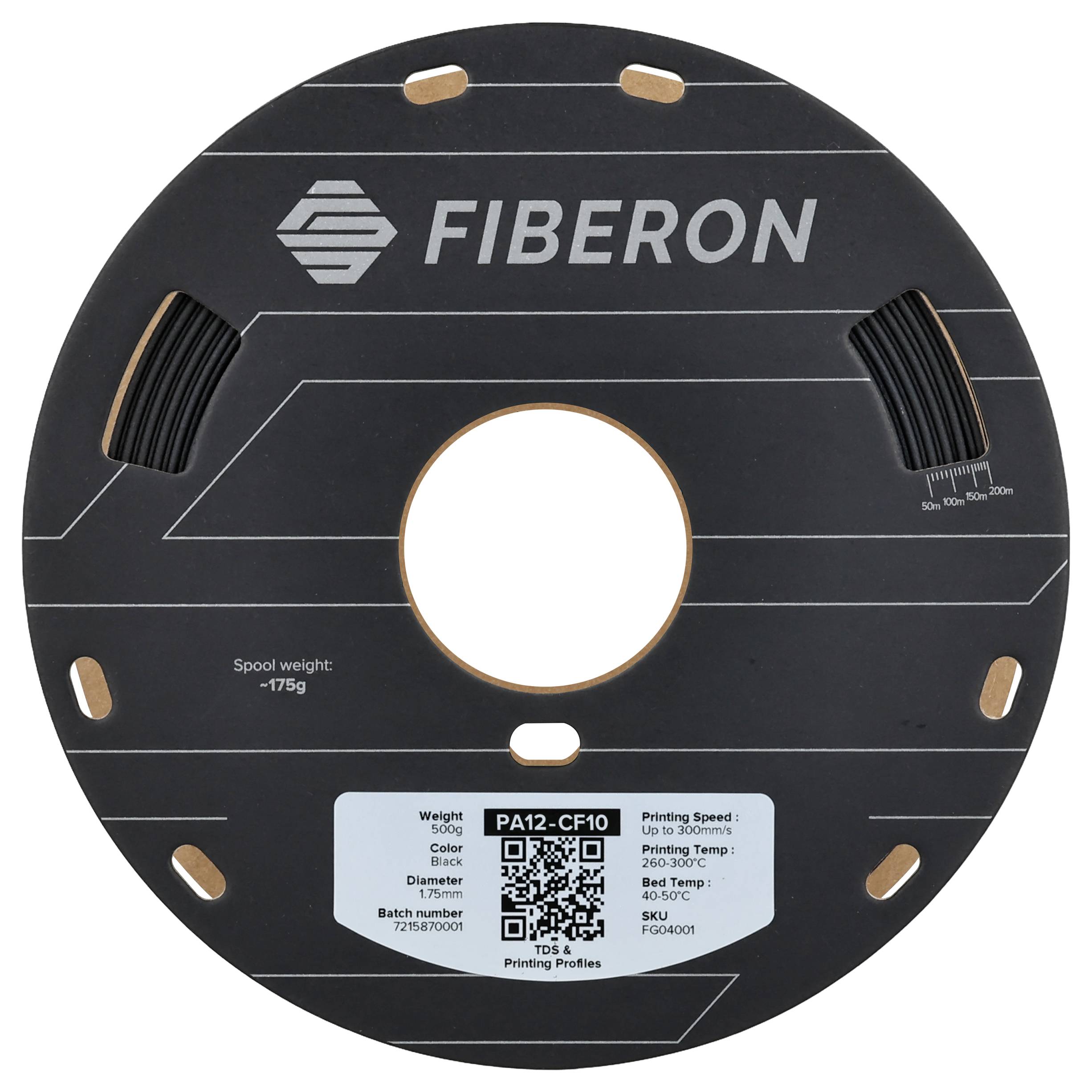 Bobina per stampante 3D 'Fiberon', peso ~175g, colore nero. Materiale: PA12-CF10. Caratteristiche: range di temperatura, codice QR, nome del prodotto.