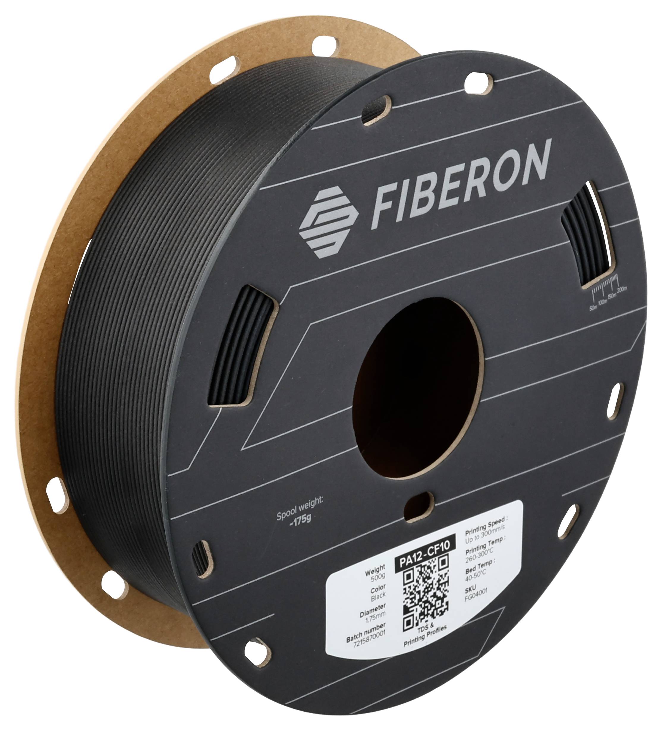 Una bobina con filamento nero del marchio 'FIBERON' con etichetta QR-Code e indicazione del peso di 1750g.