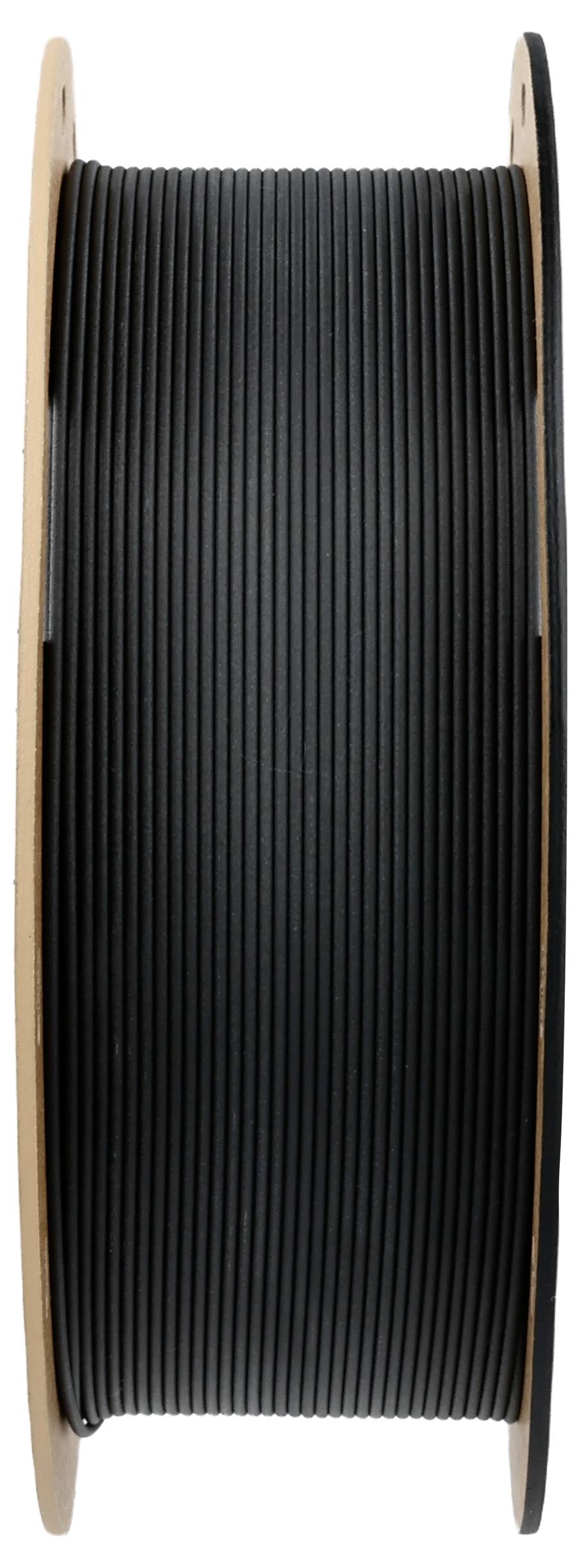 Una grande bobina con filamento nero per stampa 3D.