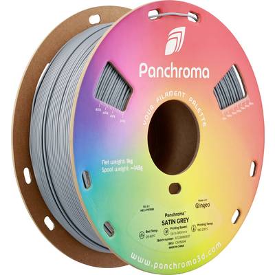 Filamento per stampante 3D 'Panchroma' in Grigio Satinato su bobina colorata. Peso 1 kg. Sito web: www.panchroma3d.com.