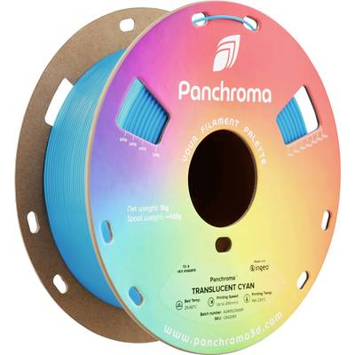 Una bobina di filamento blu per stampante 3D del marchio Panchroma con l'etichetta 'Translucent Cyan'.