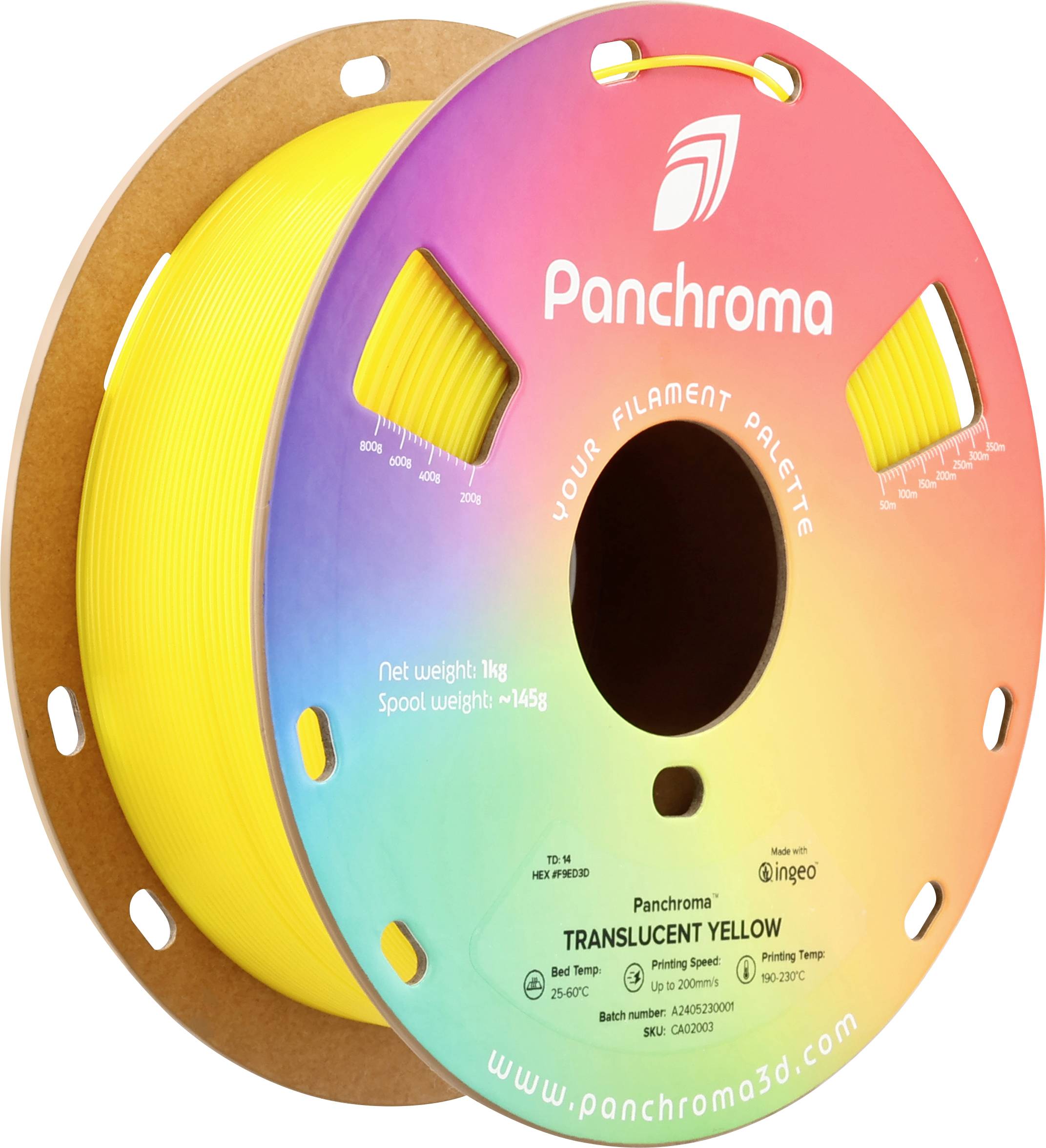 Filamento per stampa 3D in giallo brillante su bobina, con la scritta 'Panchroma Translucent Yellow'.