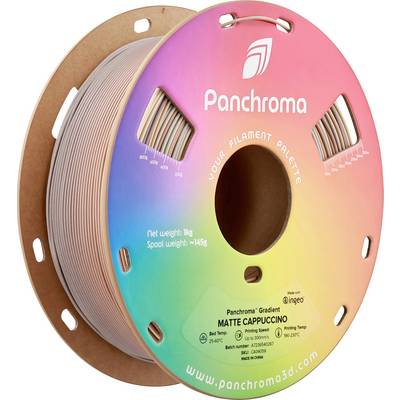 Una bobina con filamento per stampa 3D nel colore Matte Cappuccino di Panchroma. La confezione mostra una sfumatura arcobaleno.