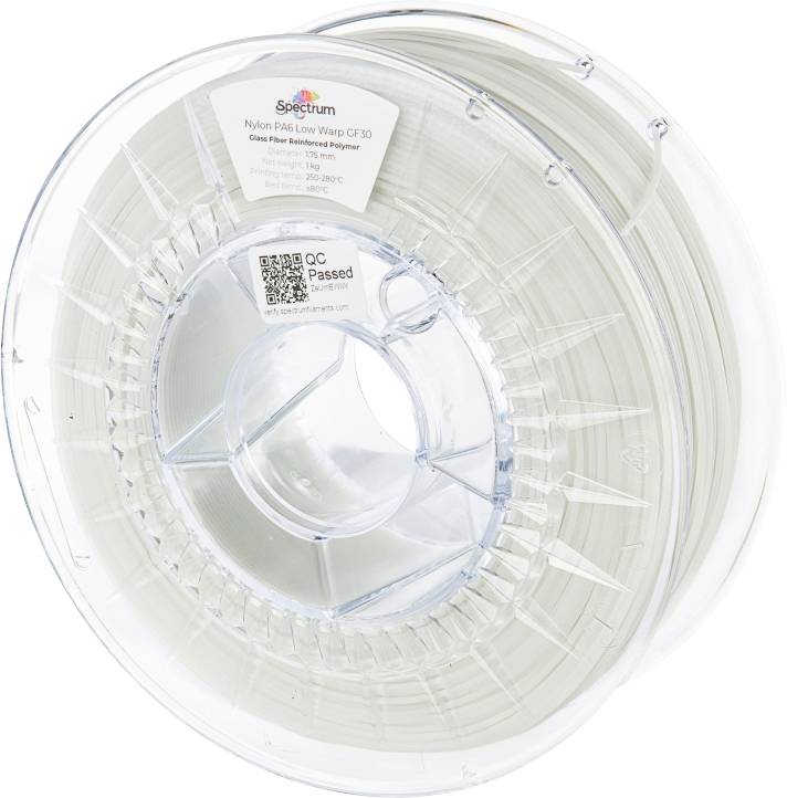 Bobina trasparente con filamento; l'etichetta mostra 'Nylon PA6 Low Warp CF30', adatto per stampa 3D a 250-270°C.