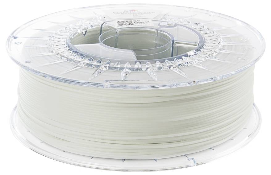 Una bobina di filamento bianco per stampante 3D, avvolta su una bobina di plastica trasparente. Adatta per applicazioni di stampa 3D.