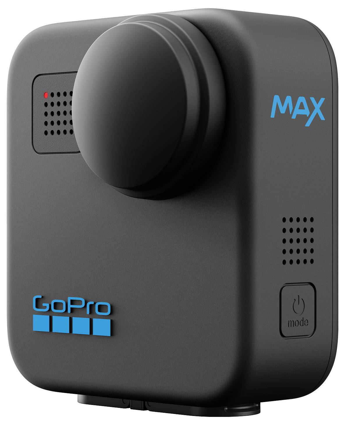 Fotocamera GoPro Max nera con logo blu, design modulare, obiettivo anteriore e pulsante di modalità sul lato.