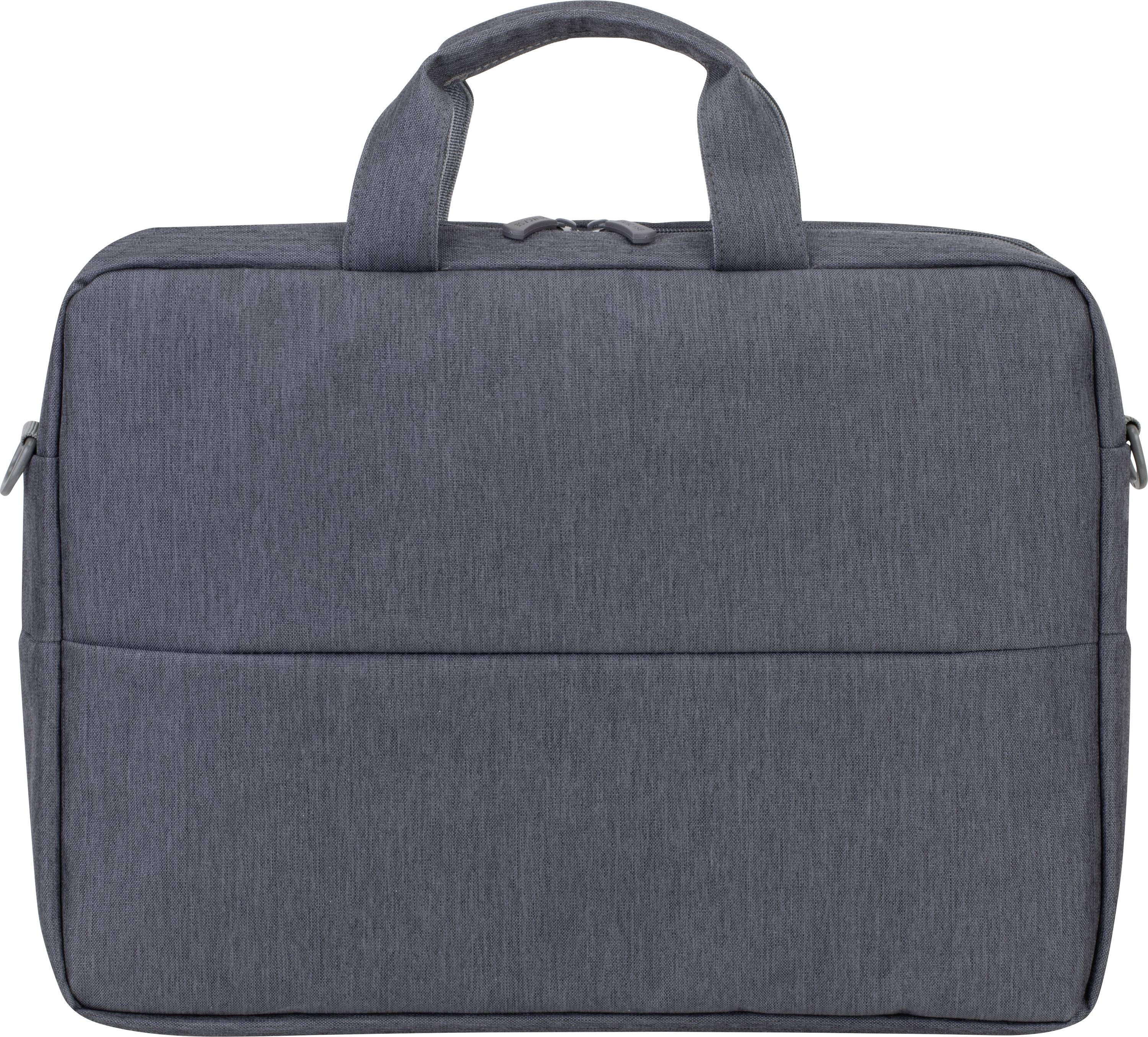 Borsa grigia per laptop con due manici e un taschino frontale.