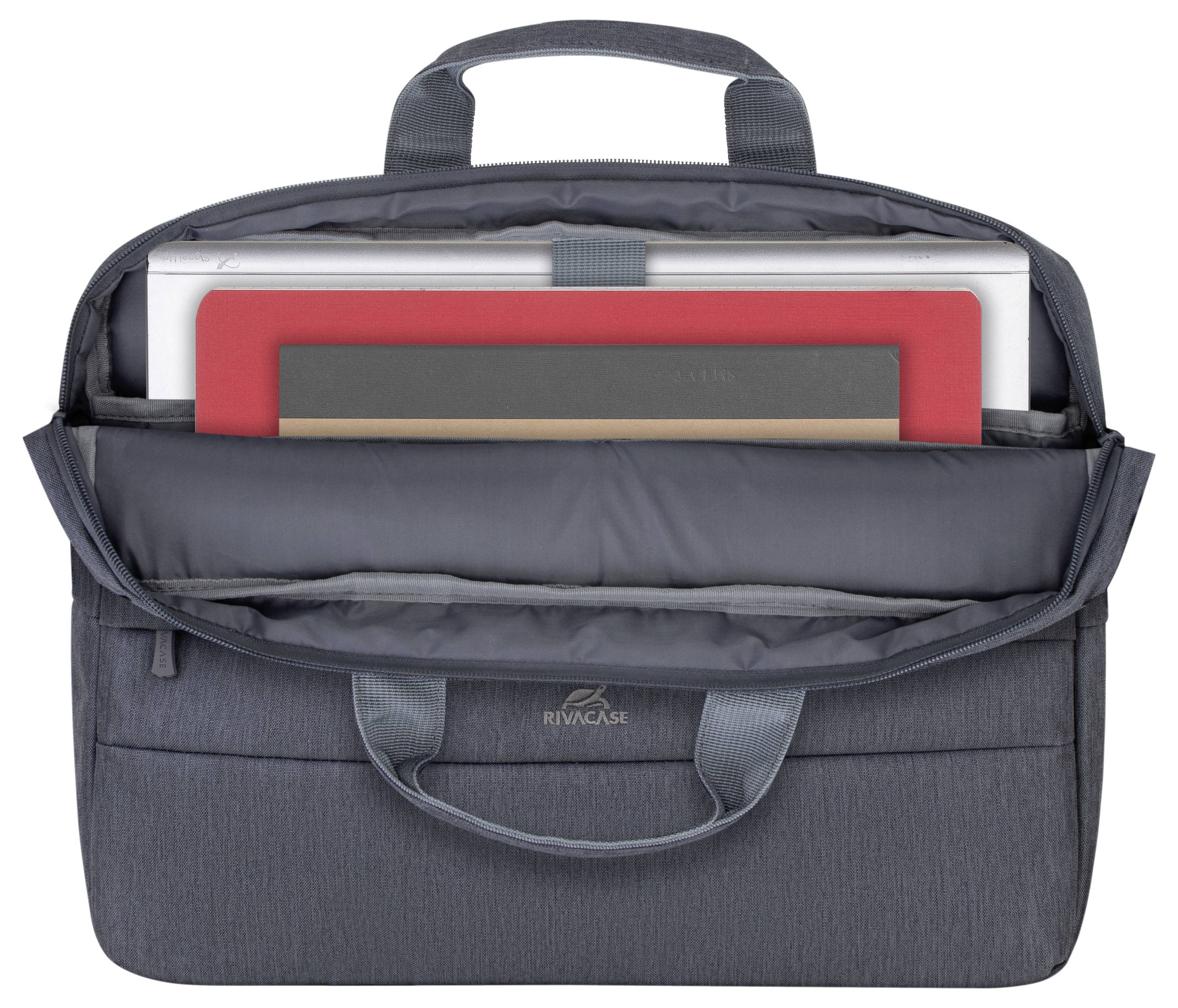 Borsa per laptop grigia con cerniera, mostrata aperta. All'interno si vedono scomparti adatti a documenti con un laptop.