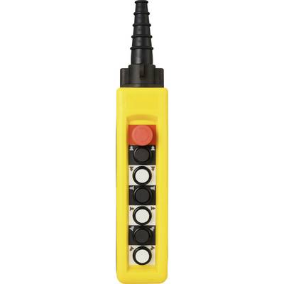 Un dispositivo di controllo industriale giallo con sei pulsanti in bianco e nero e un pulsante di emergenza rosso in cima, utilizzato per il controllo delle macchine.