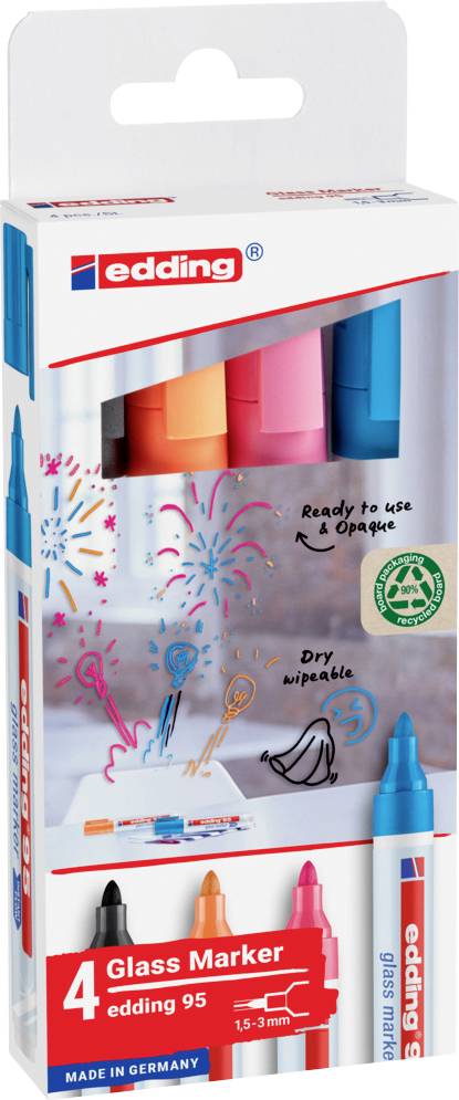 Quattro marker colorati in vetro in una confezione. Colori: Rosso, Arancione, Blu, Rosa. Per superfici lisce, facilmente cancellabili.