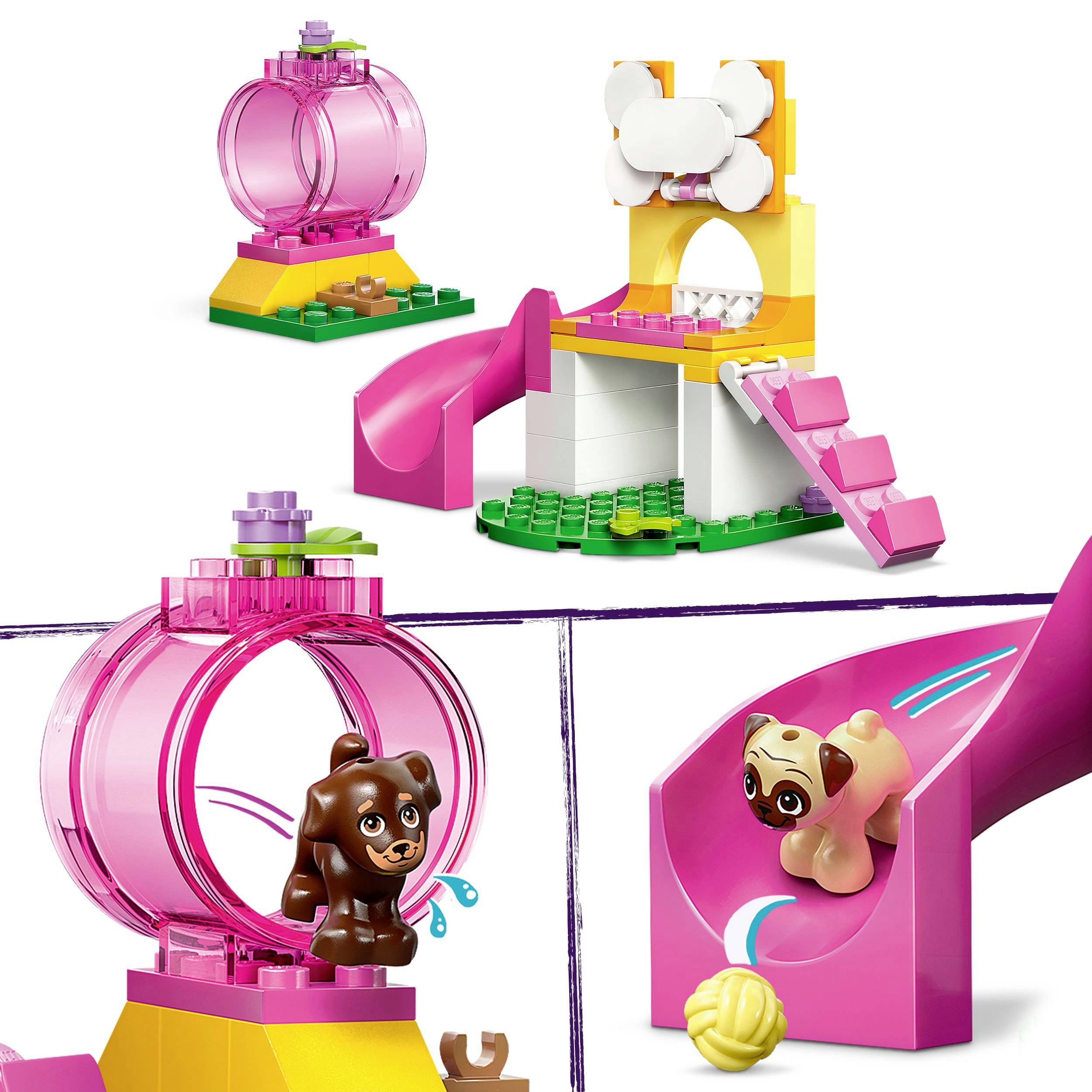 Set di gioco LEGO con elementi rosa e gialli: scivolo, ostacoli e un cucciolo di cane con una palla. Scenari per giocare e costruire.