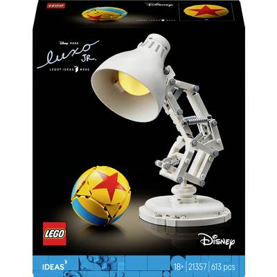 Set LEGO di 'Luxo Jr.' presenta una lampada da tavolo articolabile accanto a una palla gialla con stella rossa. Ispirato da Disney Pixar.