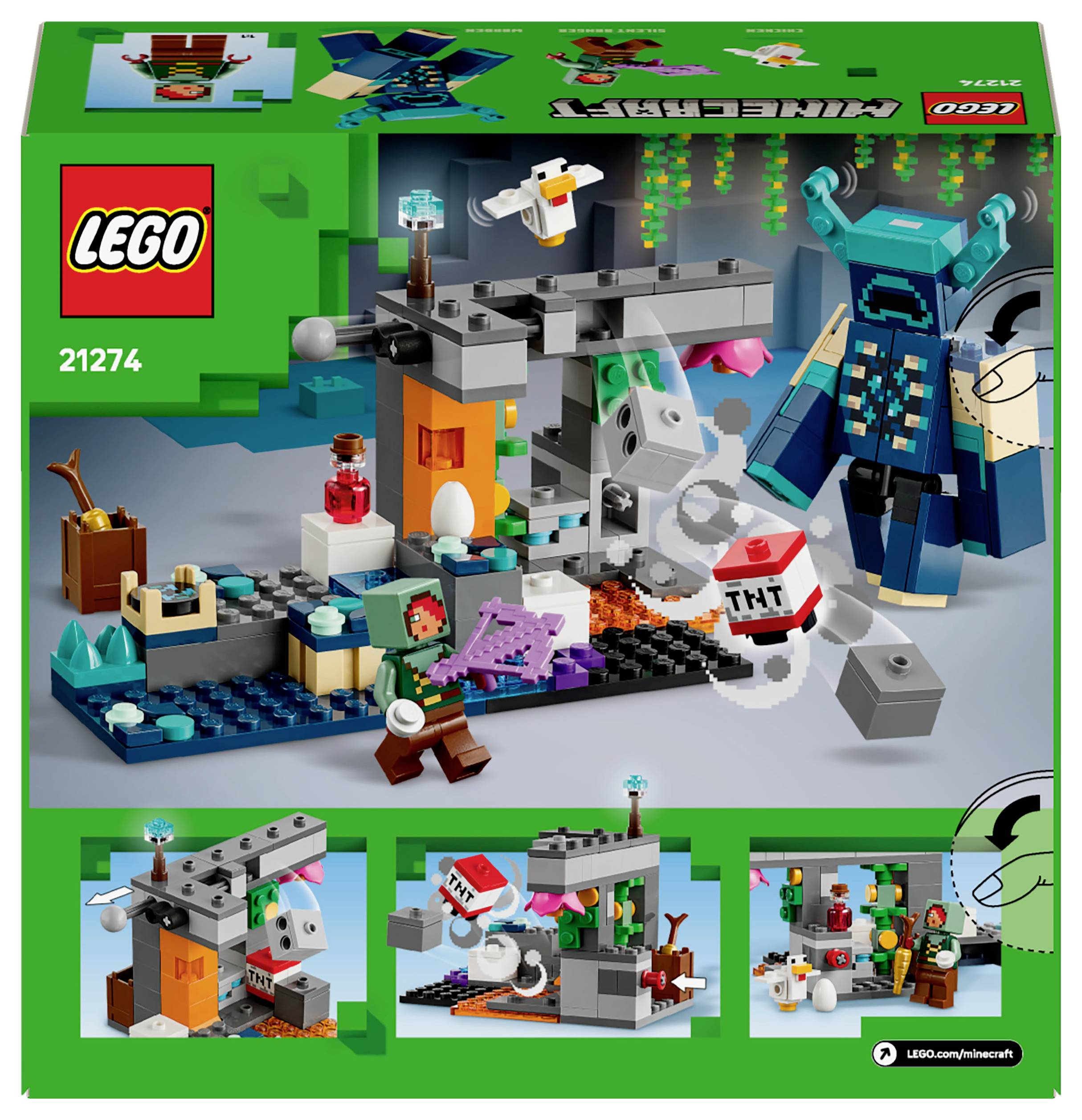 Set LEGO Minecraft 21274: Costruzione con creature blu, blocco TNT e accessori raffigurati in ambiente Minecraft.