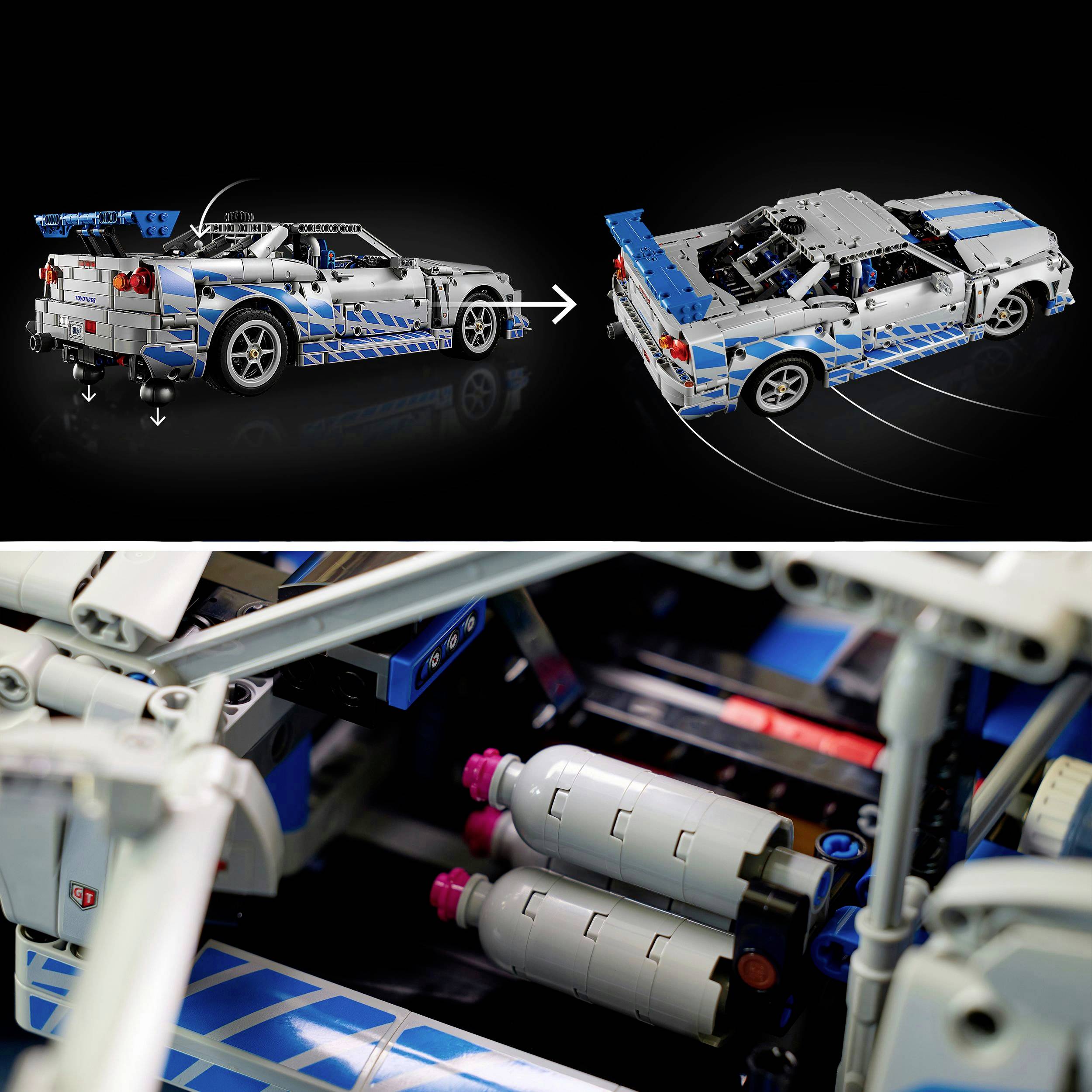 Modello LEGO di un'auto sportiva blu con ali e interni dettagliati. Mostra viste laterali e dettagli tecnici del vano motore.