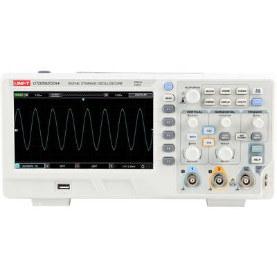 Un oscilloscopio digitale con una rappresentazione di segnali d'onda sullo schermo e diversi pulsanti di regolazione e connessioni.