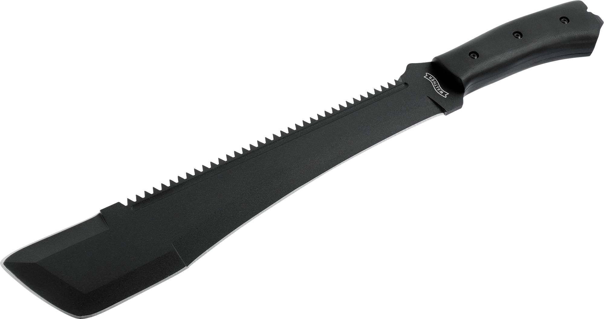 Una machete nera con dorso dentellato e impugnatura ergonomica, adatta per attività all'aperto.