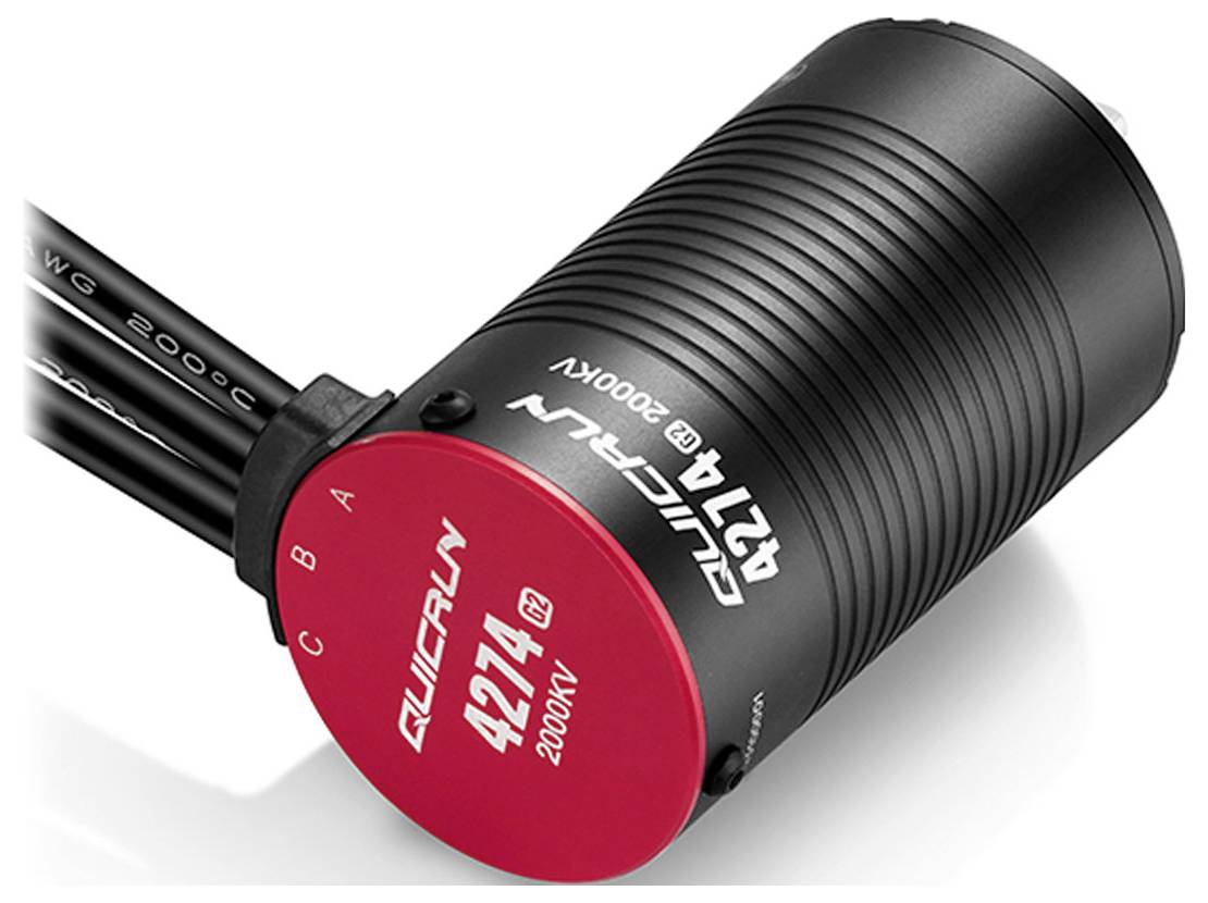 Un motore elettrico nero con copertura rossa, su cui è scritto 'QUIECAN 4214 2000KV'. Utilizzato in modelli RC o droni.