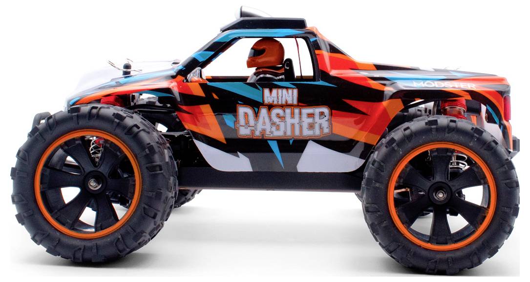 'RC Mini Dasher' auto radiocomandato in colori vivaci, vista laterale. Grandi pneumatici per guida fuoristrada, design sportivo.