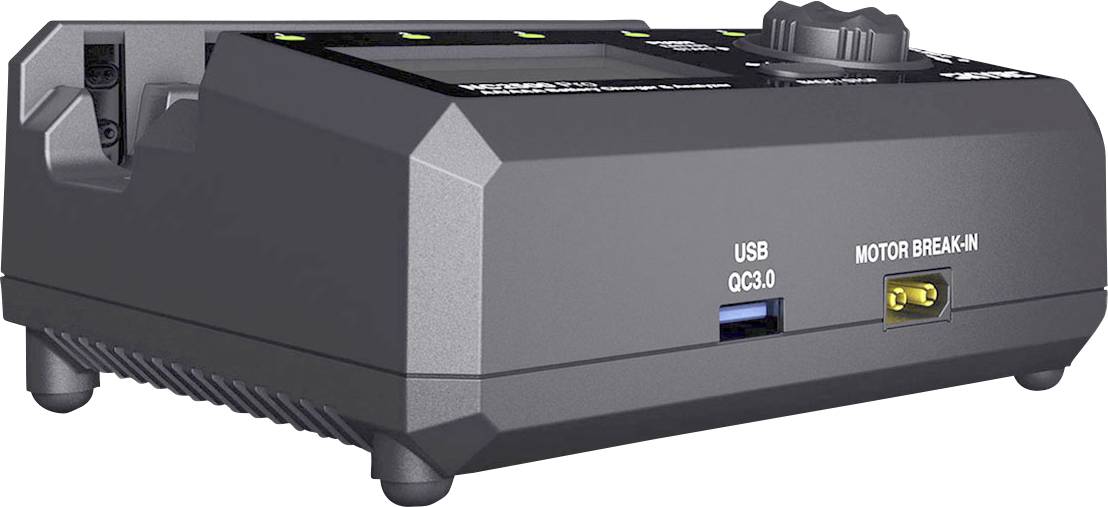 Dispositivo elettronico nero con porta USB-C e porta 'MOTOR BREAK-IN', probabilmente utilizzato per caricare o testare motori.