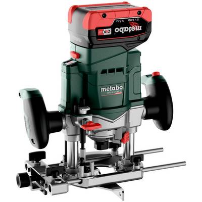 Router Metabo senza fili con doppi manici e pacco batteria rosso, mostrato su uno sfondo bianco.