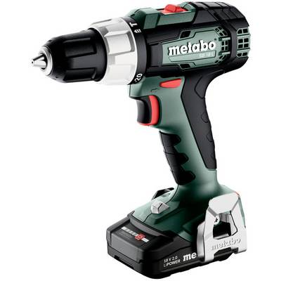 Una trapano/avvitatore Metabo senza fili con pacco batteria, mostrato in vista laterale su uno sfondo bianco.