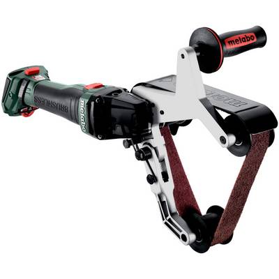 Levigatrice a nastro cordless Metabo con maniglia anteriore regolabile, mostrata su uno sfondo bianco.