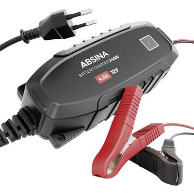 'Absina-Caricabatterie A4000, 4.0A, 12V' con due morsetti. Dispositivo per la ricarica di batterie per veicoli. Cavo con spina EU.
