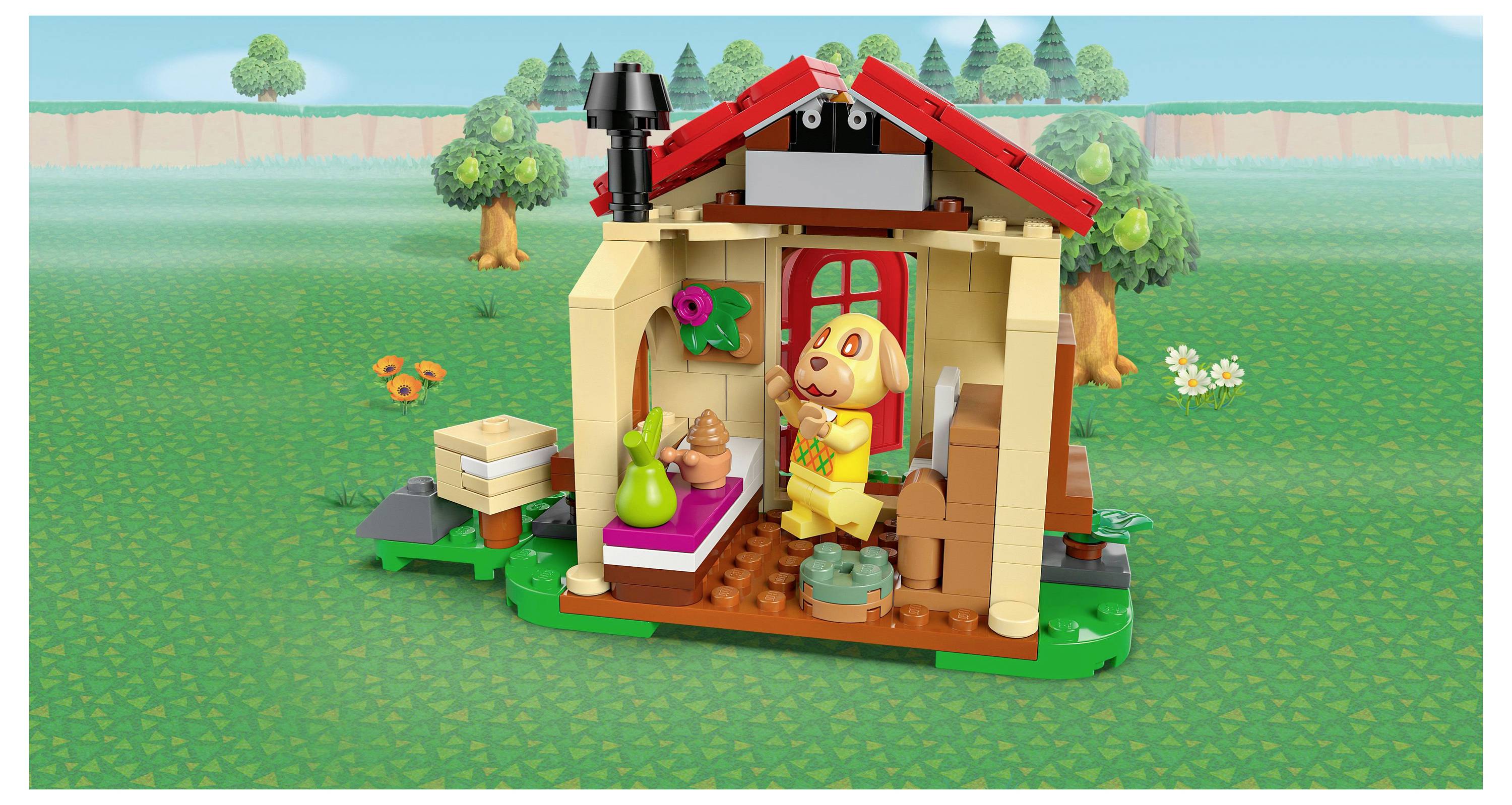 Un personaggio di cane giocattolo colorato sta in piedi all'interno di una piccola casa con la facciata aperta, costruita con blocchi, circondato da alberi ed erba verde.
