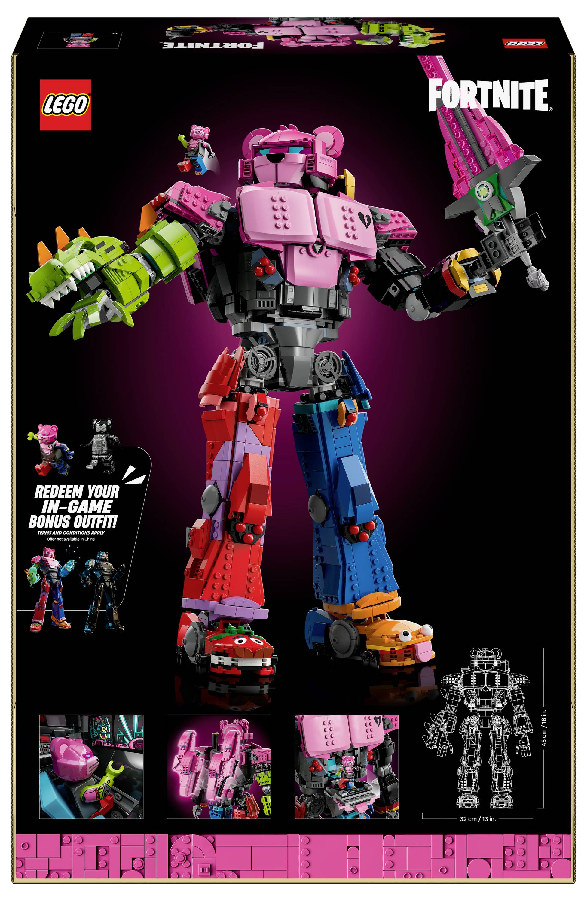 Set LEGO raffigurante un robot colorato di Fortnite, mostrato in una vista completa. Include immagini dettagliate delle sue caratteristiche e minifigure aggiuntive.