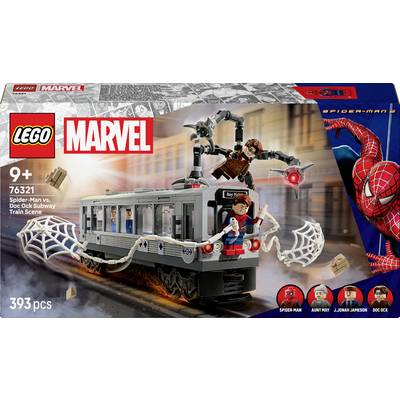 'Set Lego Marvel: Scena del Treno Subway di Spider-Man contro Doc Ock. Include Spider-Man, Dottor Octopus, Zia May e J. Jonah Jameson. Età 9+, 393 pezzi.'