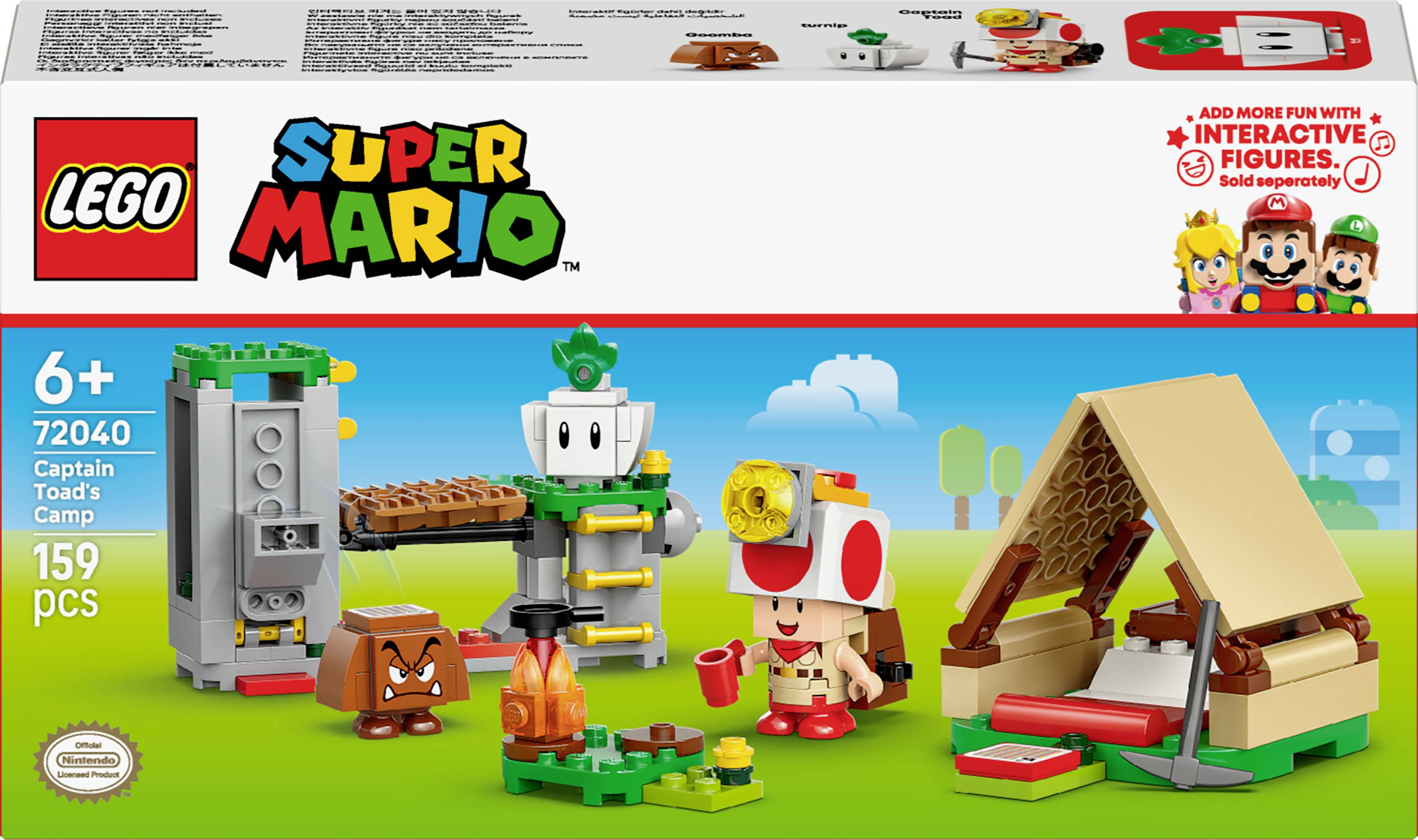 'Lego Super Mario Campo del Capitano Toad' set per bambini di 6+ anni. Include una figurina di Toad, una tenda e una stufa da cucina. Contiene 159 pezzi.